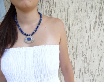 Lapis Lazuli Necklace, Lapis Lazuli Handmade Gemstone Jewelry, Sterling Silver Pendant Necklace, Tribal Necklace for Women, Boho Style Gifts