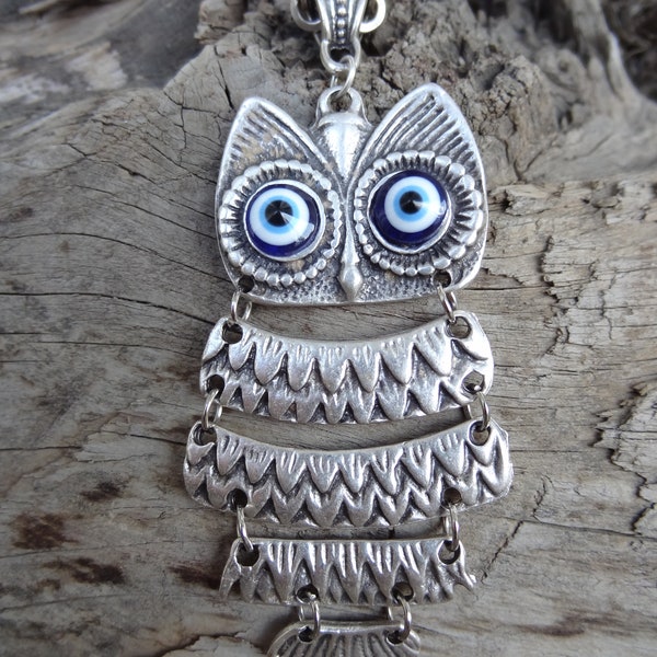 Collar de búho, colgante de búho plateado y cadena de plata, collar de búho con mal de ojo, collar con dije para niña, regalo para ella, regalo para aniversario