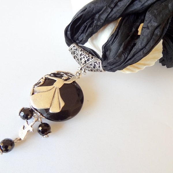 Onyx, silver-plated, black silk necklace whirling dervish