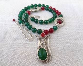 Tulip Pendant Jewelry, Green Jade and Ruby Red Tulip Necklace, 50th Birthday gift, Gift for Women Jewelry, Women for Christmas Gift