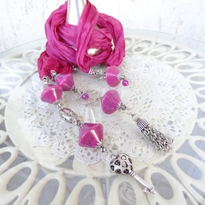 Fuchsia Silk Jewelry Scarf, Scarf Necklace Jewelry, Beaded Scarf Necklace, Silver Key Necklace, Turkish Jewelry, Mother Day Gifts