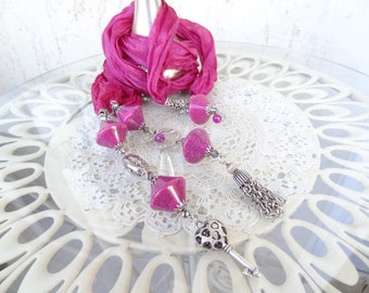 Fuchsia Silk Jewelry Scarf, Scarf Necklace Jewelry, Beaded Scarf Necklace, Silver Key Necklace, Turkish Jewelry, Mother Day Gifts