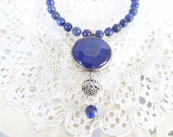 Unique Lapis Lazuli Necklace, Lapis Lazuli Pendant, Navy Blue Gemstone Necklace, Beaded Handmade Jewelry, Necklaces for Women Gift, OOAK