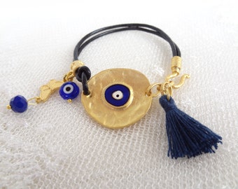 Gold Evil Eye Bracelet, Gold Evil Eye Pendant with Black Leather, Tassel Bracelet, Turkish Nazar, Women for Protection, Mother's Day Gift