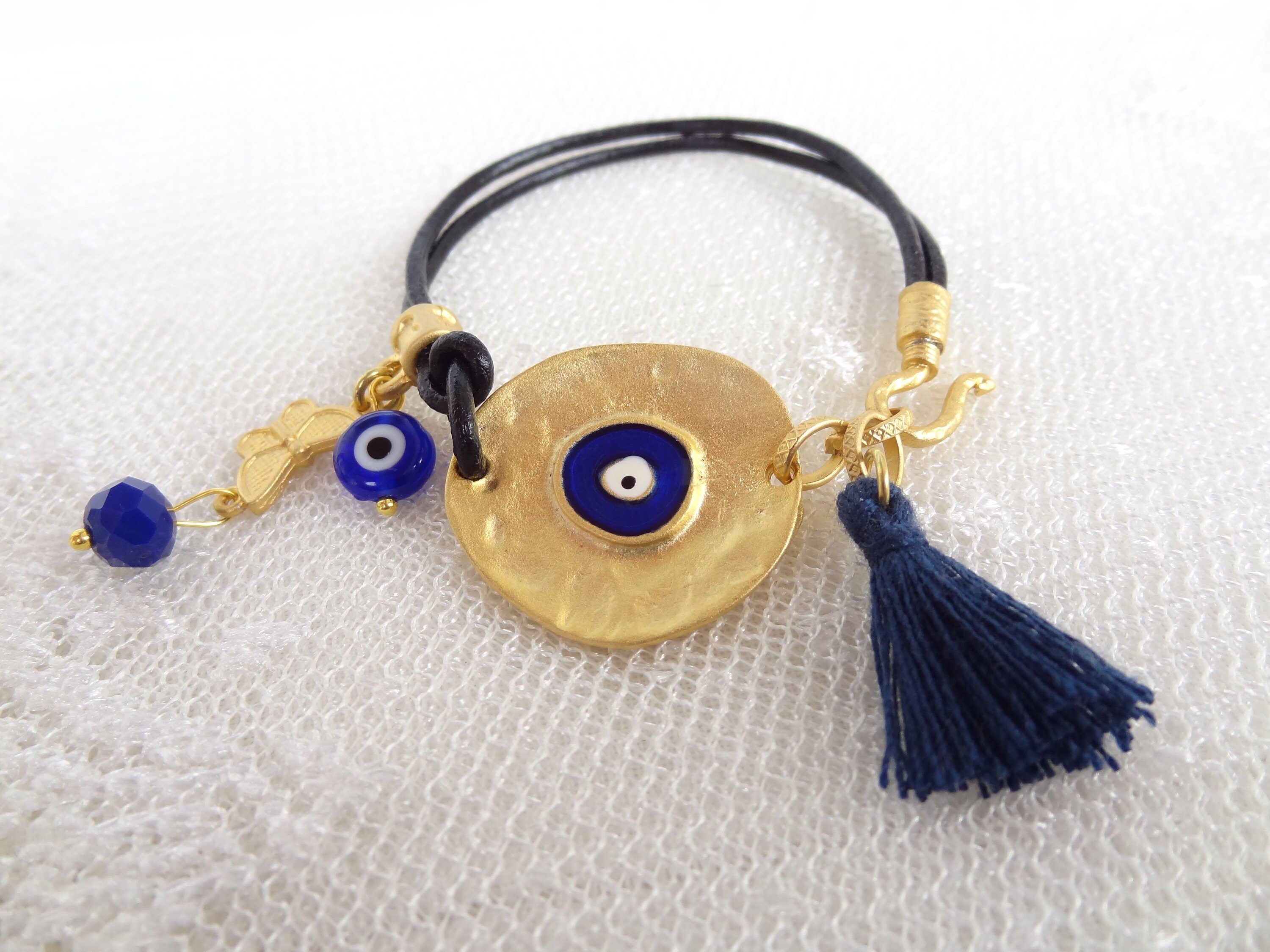Gold Evil Eye Bracelet, Gold Evil Eye Pendant With Black Leather ...