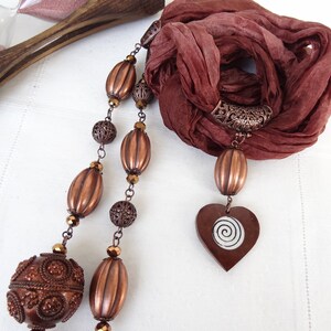 Copper Beaded Scarf Necklace, Brown Silk Scarf, Scarf Necklace Jewelry, Heart with Tassel Necklace, Turkish Jewelry, OOAK, Gift for Mom