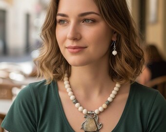 Sterling Silver Mother of Pearl Necklace and Earrings: Raw Citrine Pendant, Bohemian Bridal Jewelry