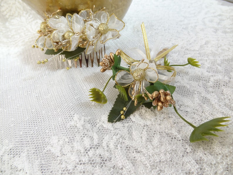 Boutonniere and Hair Comb Sets Beach Weddings Ivory Gold Flower Accessories Boho Rustic Hair Comb Rustic Boutonniere Rustic Wedding
