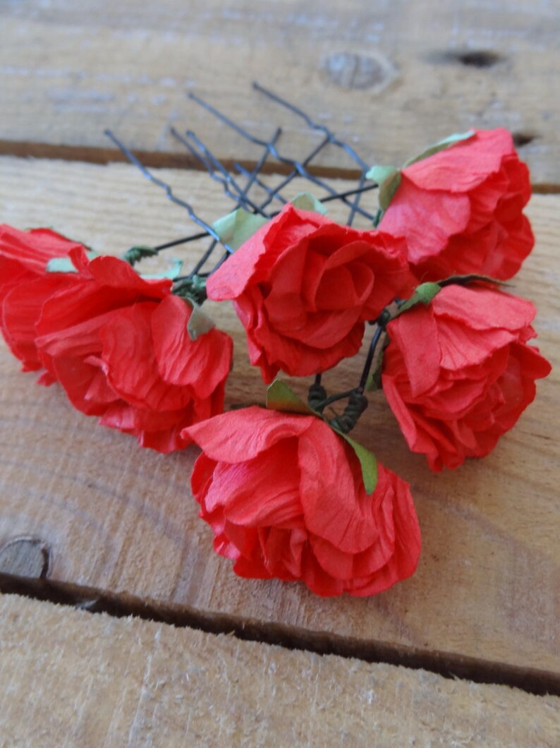 Set of 6 Beach Wedding Red Flower Wedding Hair Pins Bridal Hair Pins Fabric Hair Pins Flower Girl Hair Accessories Bridesmaid Hair
