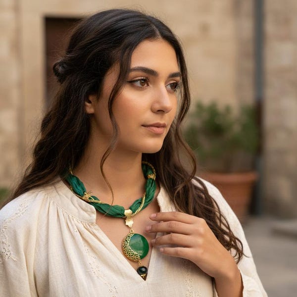 Collar de jade verde y seda hecho a mano: joyería turca con calado dorado