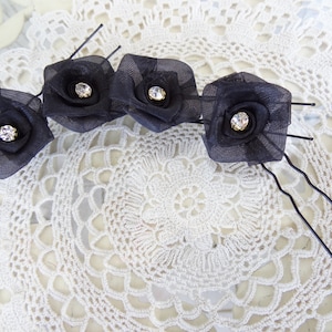 Black Flower Rhinestone Hair Pins: Gothic Wedding Accessories, Set of 4