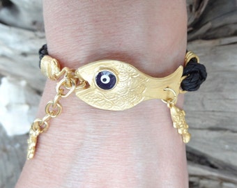 Evil Eye Black Leather Bracelet, Gold Fish Pendant Bracelet, Turkish Nazar Jewelry, Protection for Women, Adjustable Bracelet, Gifts for Her