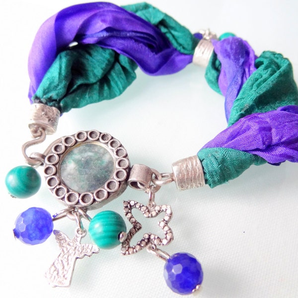 amethyst and malachite stone/ purple and emerald green silk /malachite pendant silver bracelet-Feminine, Handmade, OOAK, Christmas,