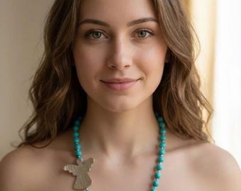 Turquoise Angel Necklace, Silver Plated Guardian Angel Pendant, One of a Kind Boho Statement Jewelry
