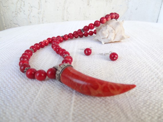 Sterling Silver Red Coral Tusk Pendant Sterling Silver Red Coral Tusk Pendant