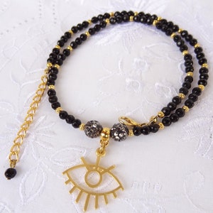 Black Beads Necklace, Black Onyx with Gold Evil Eye Pendant, Evil Eye Jewelry, Women for Protection, Evil Eye Necklace, Gift for Birthday