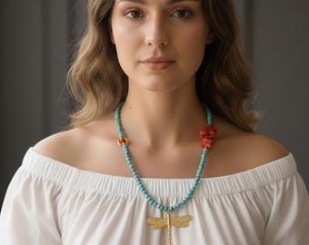 Boho Turquoise Coral Necklace with Gold Dragonfly Pendant – Unique Handmade Jewelry for Women & Girls
