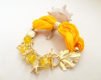 Sunshine Yellow Glass Bracelet, Yellow Turkish Silk Bracelet, Women Summer Leaf Gold Bracelet, Unique Bohemian Bracelet, Gift for Mom