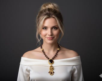 Brown Agate Statement Necklace – Gold Tassel Boho Chic Trendy One of a Kind Jewelry