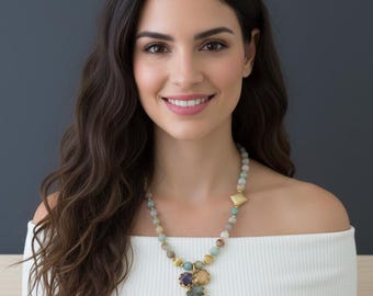 Amazonite Gemstone Necklace: Gold-Plated Flower Pendant, Turkish Jewelry