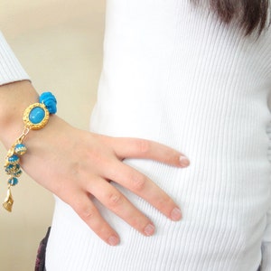 Elegant Turquoise Silk Bracelet with Natural Turquoise Pendant and Gold Plated Brass | Unique Handmade Jewelry Gift for Her
