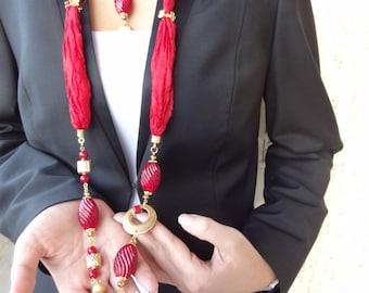 Red Jewelry Scarf, Red Turkish Silk Necklace, Red Coral Necklace, Jewelry Scarf, Gold Necklace, Turkish Jewelry, Mother's Day Gifts