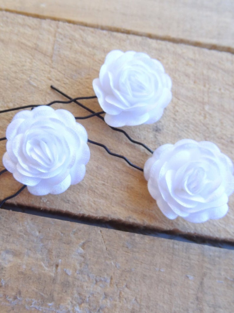 White Satin Rose Wedding Hair Pins White Bridal Hair Pins Etsy