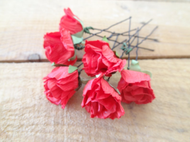 Set of 6 Beach Wedding Red Flower Wedding Hair Pins Bridal Hair Pins Fabric Hair Pins Flower Girl Hair Accessories Bridesmaid Hair