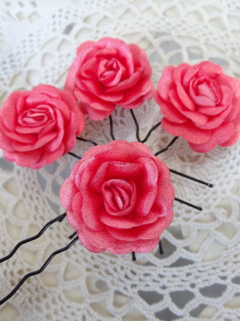 Hair Accessories Coral Bridal Hair Pins Woodland Set of 4 Bridesmaid Hair Satin Hair Pins Coral Satin Rose Wedding Hair Pins