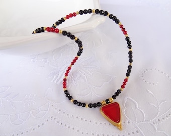 Red  Coral and Black Onyx Necklace, Red Glass Pendant Jewelry, Women for Birthday Gift, Handmade Gemstone Jewelry, Git for  Anniversary