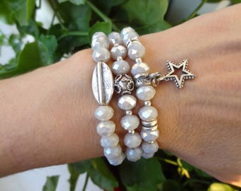 Set of Three Bracelets, Crystal Bright Beads, Gray Beads and Silver Star Bracelet, Wedding Jewelry, Elegance, Bridesmaid Gift, Gift for Her