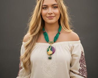 Whirling Dervish Necklace: Fuchsia Jade Pendant, Gold Plated Brass, Green Silk Cord