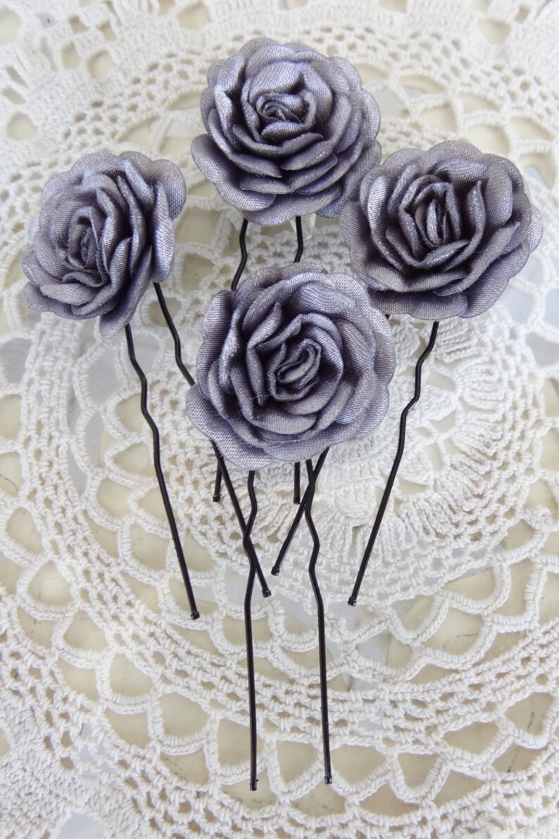 Dark Grey Satin Rose Wedding Hair Pins Grey Bridal Hair Pins Etsy