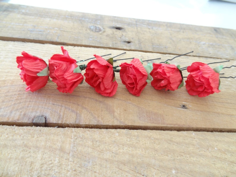 Set of 6 Beach Wedding Red Flower Wedding Hair Pins Bridal Hair Pins Fabric Hair Pins Flower Girl Hair Accessories Bridesmaid Hair