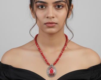 Red Coral Necklace: Afghan Silver Pendant, Tribal Boho Jewelry