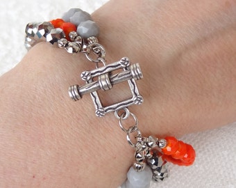 Orange and Gray Multistrand Bracelet, Orange Gray Beads with Silver Toggle, Colorful Bracelet, Women for Charm, Gifts for Her, Boho Bracelt