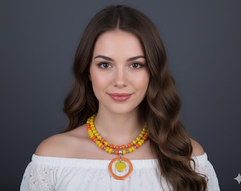 Yellow Orange Crystal Bead Necklace, Summer Sun Jewelry