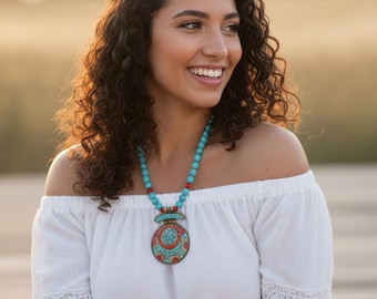 Turquoise & Red Coral Statement Necklace, Bold Boho Tribal Jewelry, Handmade One of a Kind Ethnic Necklace with Turquoise Coral Pendant