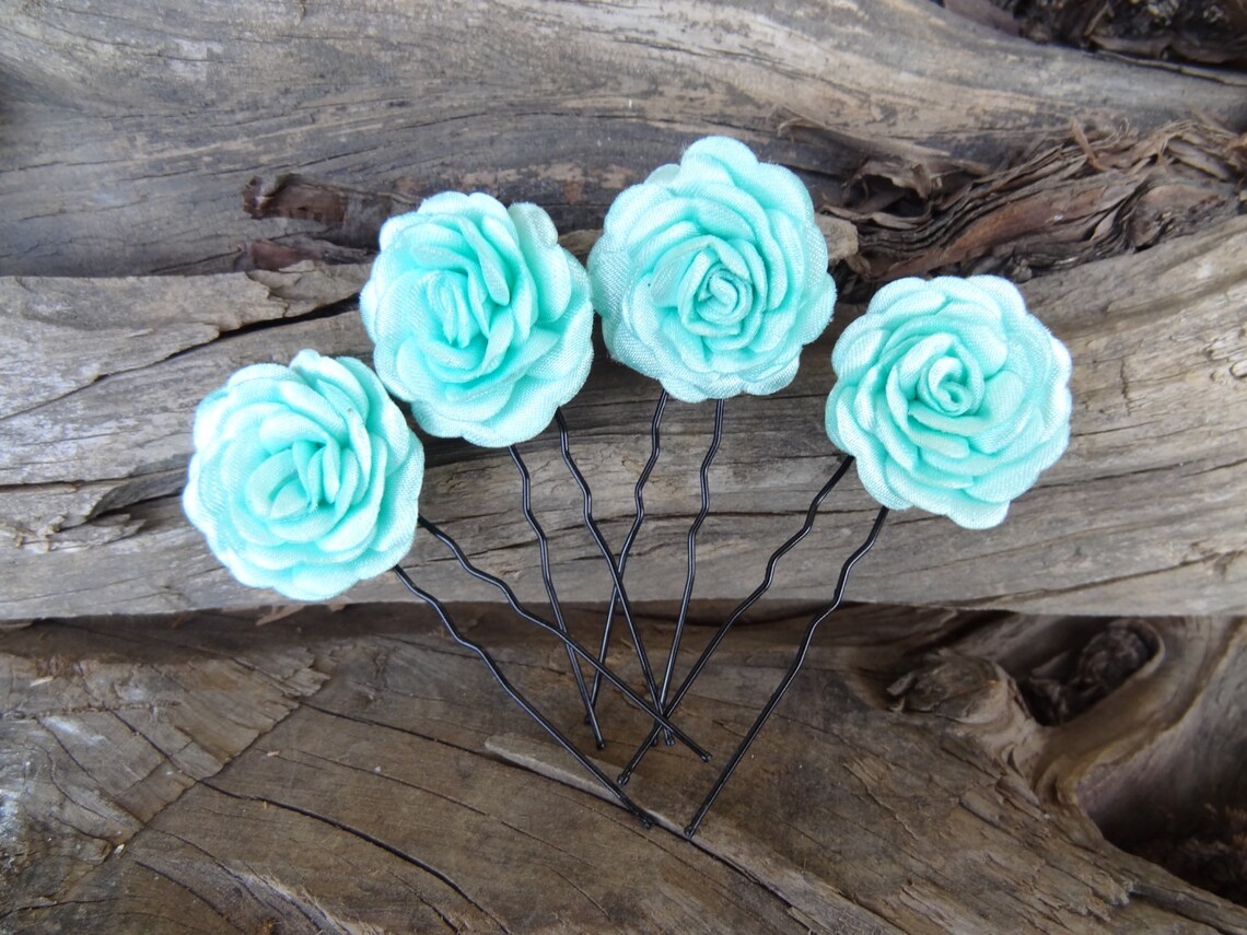 Mint Green Satin Rose Wedding Hair Pins Green Bridal Hair Etsy