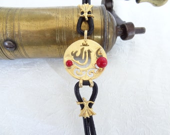 Red Coral Bracelet, Gold Allah Pendant and Black Leather, Semazen Bracelet, Turkish Jewelry, Women for Charm, Arabian Style, İslamic Gifts