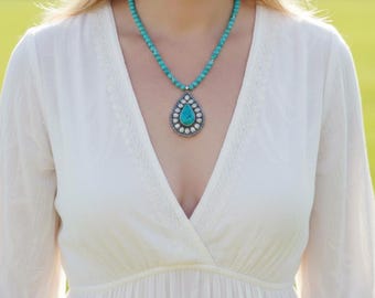 Genuine Turquoise Necklace with 925 Silver, Nepal Turquoise Drop Pendant, Bohemian Ethnic Jewelry, One of a Kind Statement Necklace