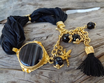 Black Onyx and Black Silk Bracelet, Striped Agate Gold Pendant, Women for Charm, Turkish Jewelry, Boho Tassel Charm, Mother's Day Gifts