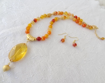 Orange Agate Necklace and Earrings, Beaded Gemstone Jewelry Sets, Yellow Crystal Pendant, Elegance, Halloween, Anniversary Gift for Her