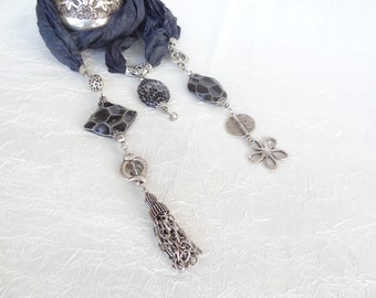 Dark Gray Jewelry Scarf, Gray Scarf Necklace, Turkish Jewelry, Women for Charm, Long Necklace, OOAK, Gift for Her, Mother's Day Gifts