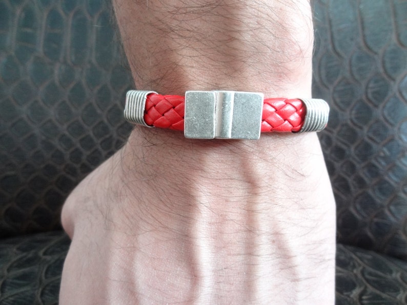 Men's Red Leather Bracelet Men's Jewelry Silver Etsy