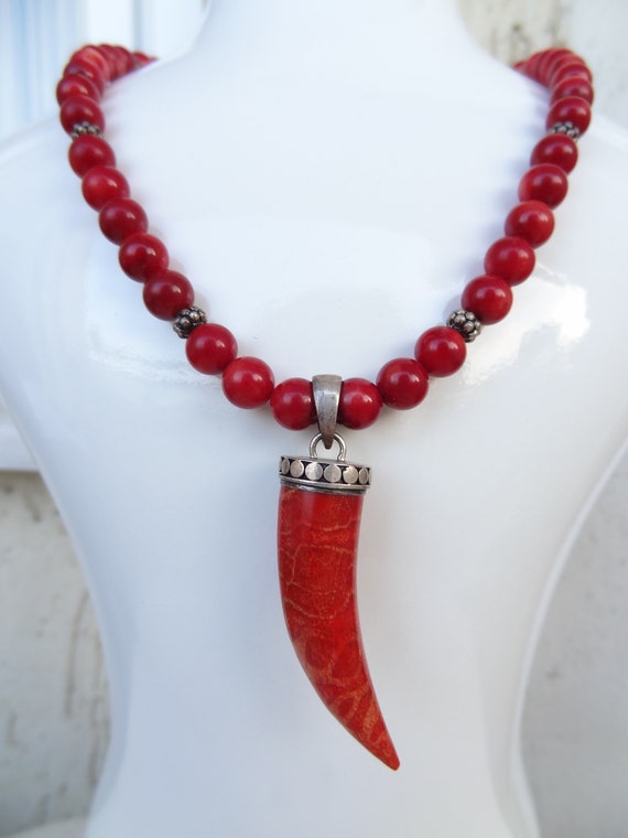 Sterling Silver Red Coral Tusk Pendant Sterling Silver Red Coral Tusk Pendant