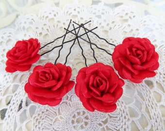 Red Satin Rose Wedding Hair Pins, Red Bridal Hair Pins, Hair Accessories, Satin Hair Pins, Bridesmaid Hair, Woodland - Set of 4