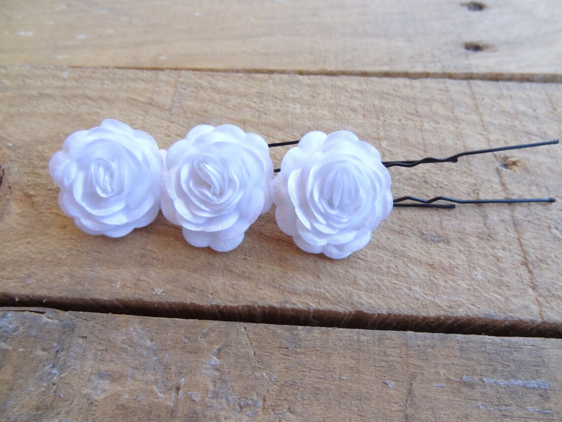 White Satin Rose Wedding Hair Pins White Bridal Hair Pins Etsy
