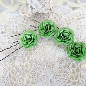 Apple Green Rose Wedding Hair Pins, Apple Green Bridal Hair Pins, Hair Accessories, Satin Hair Pins, Bridesmaid Hair, Woodland - Set of 4