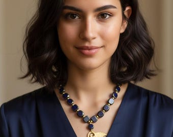 Blue Glass Bead Necklace: Gold Amphora Pendant, Boho Chic Jewelry